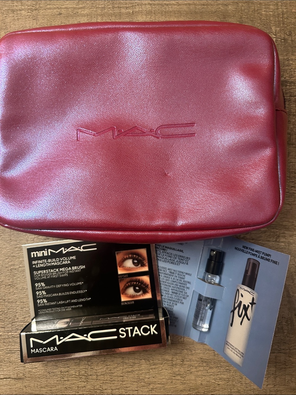 MAC metallic pink-purple Cosmetic Bag with MAC Mascara and Fix+ samples